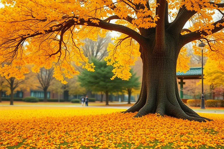 Draw it as if it were real, with an old, large, yellow ginkgo tree standing on the right, and ginkgo leaves piled up underneath, to express the fall when the ginkgo leaves fall, and the background should be out of focus to express an autumn park.