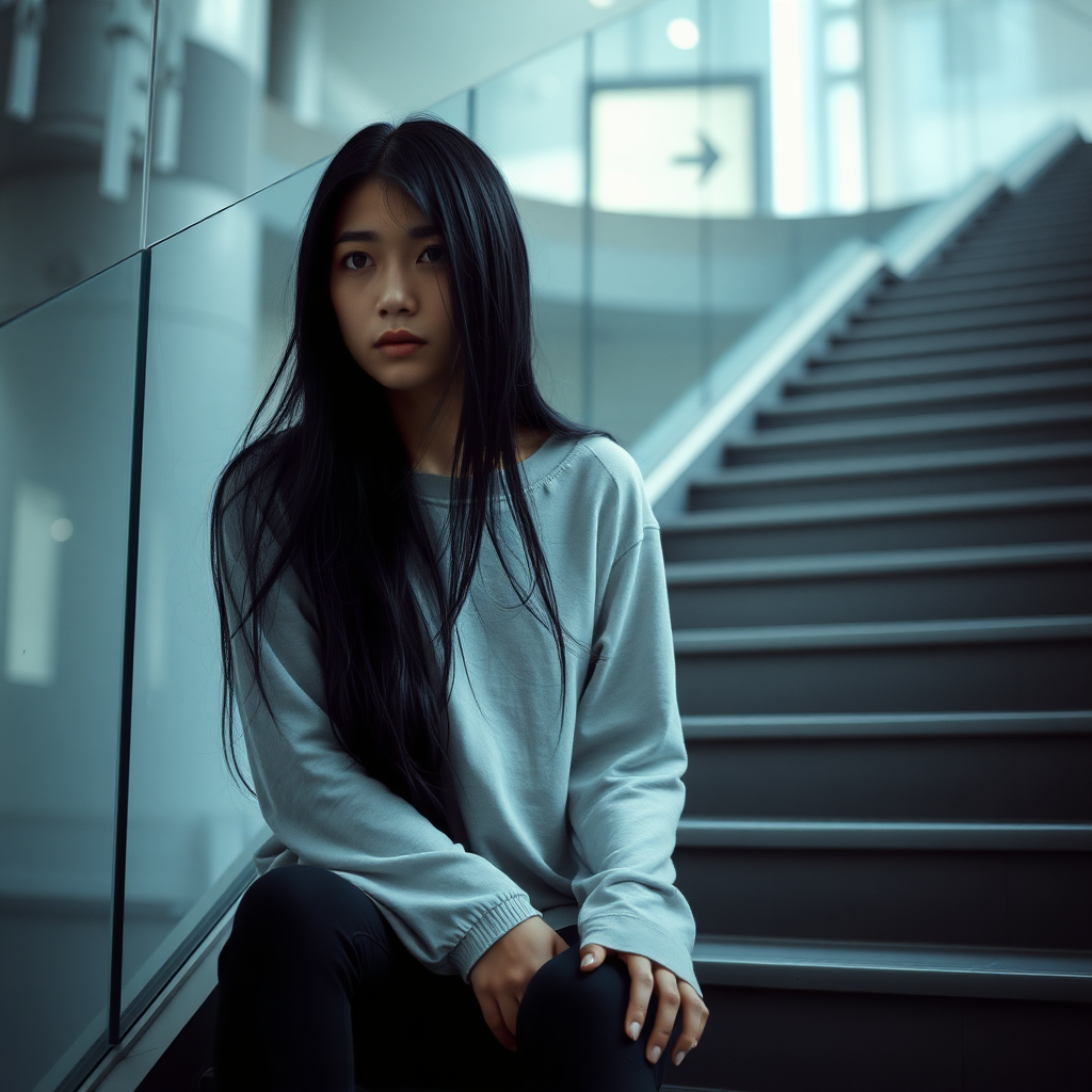 A young, very mysterious, homeless Asian woman with long, jet-black hair sits on a large staircase behind a glass partition and looks a little sad.