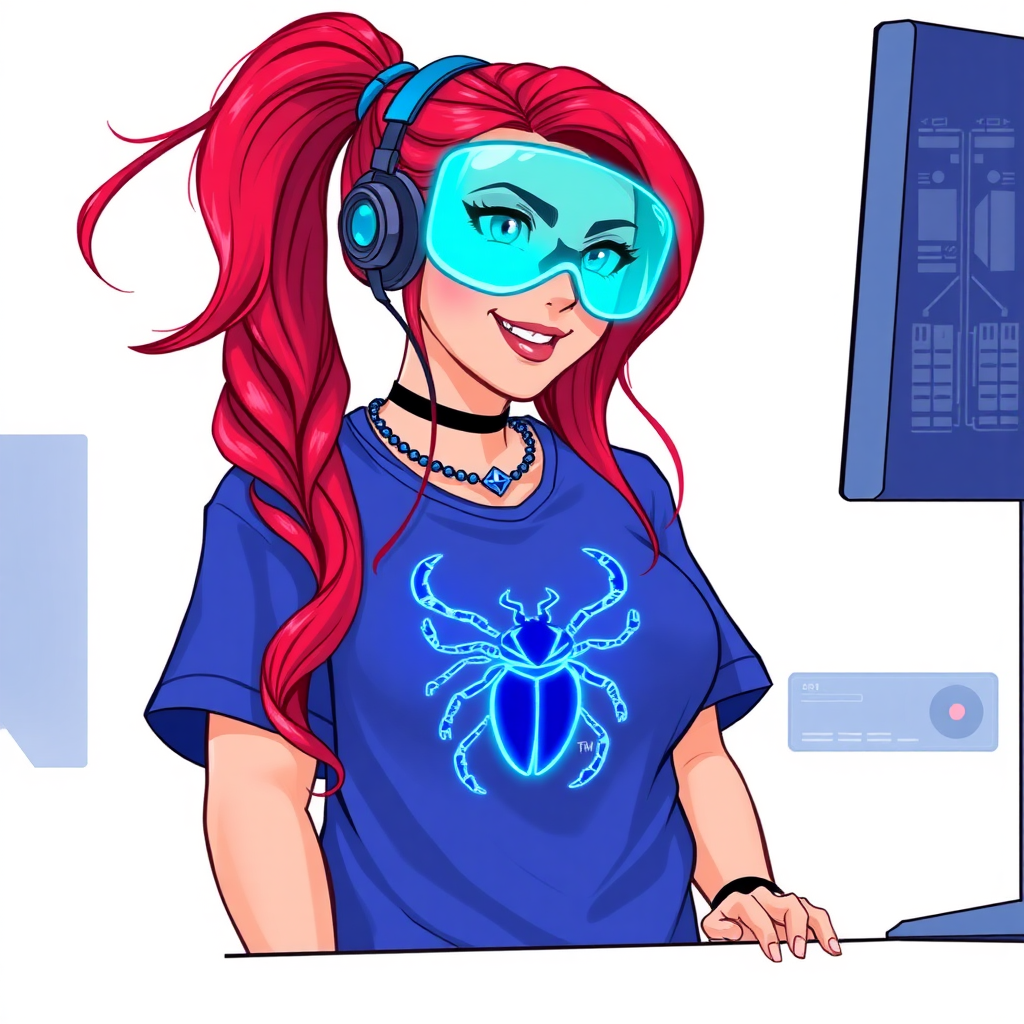 A cyberpunk vigilante’s full-figured intelligent and tech-savvy 29-year-old girlfriend, who is a computer hacker and tech genius. She has a long ruby red ponytail and bright blue eyes. She wears a sapphire beetle gemstone necklace, and an oversized maximum blue t-shirt featuring a giant neon blue glowing icon of a beetle on its chest. She has a full-figured physique with a prominently, gargantuan, well-rounded midsection, reflecting her well-cared-for lifestyle. She sports a sapphire headset with hi-tech maximum turquoise lensed HUD visor, black eyeglasses, and a beaming smile with a passionate bright red blush. Despite her figure and a lack of self-esteem, she radiates an air of beauty. She has a slim face which contributes to her radiant beauty. She serves as his tech expert from his hideout, diligently working at her lab table and computer desk. The background is solid white. She is drawn as if she was in a retro 2D cyberpunk fighting game.