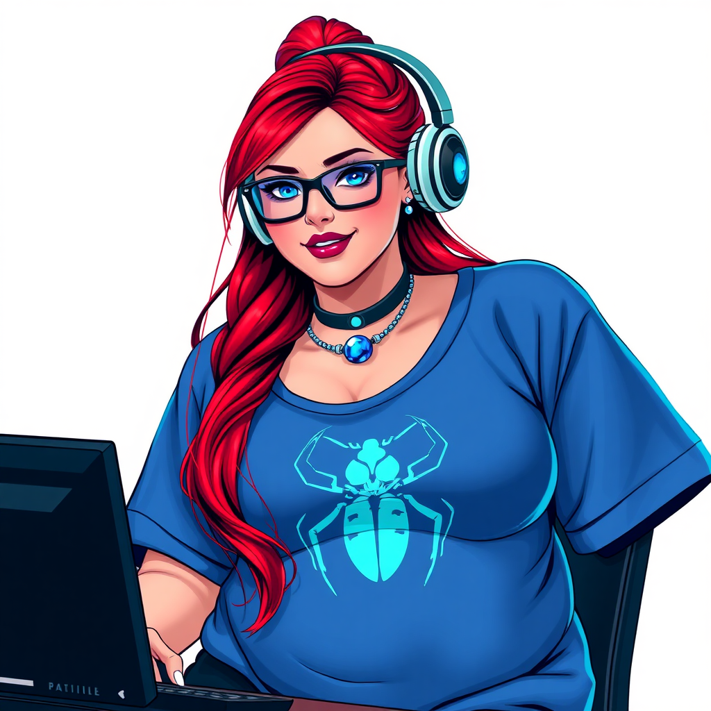 A cyberpunk vigilante’s full-figured intelligent and tech-savvy 29-year-old girlfriend, who is a computer hacker and tech genius. She has a long ruby red ponytail. She wears maximum blue lipstick, bright blue eyes, a sapphire beetle gemstone necklace, sapphire earrings, black eyeglasses, and an oversized maximum blue t-shirt featuring a blue sapphire gemstone crusted beetle chest icon. She has a full-figured physique with a prominent, massive, round belly, reflecting her well-cared-for lifestyle. She sports a sapphire headset with a hi-tech maximum turquoise lensed HUD, and a shy smile with a neon red blush. She serves as his tech expert from his hideout, diligently working at her lab table computer desk. The background is solid white. She is drawn as if she was in a retro 2D cyberpunk fighting game. Ensure her t-shirt covers her belly.