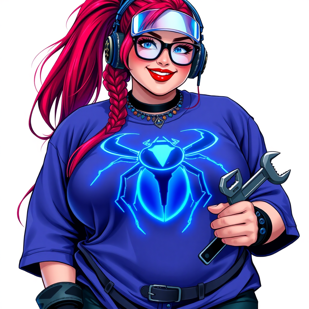 A cyberpunk vigilante’s full-figured intelligent and tech-savvy 29-year-old girlfriend, who is a computer hacker and tech genius. She has a long ruby red ponytail and bright blue eyes. She wears a sapphire beetle gemstone necklace, and an oversized Maximum Blue (RGB 71, 171, 204) t-shirt featuring a giant neon blue glowing icon of a beetle on its chest. She has a full-figured physique with a prominent, gargantuan, round midsection, reflecting her well-cared-for lifestyle. The midsection is heavily emphasized. She sports a sapphire headset with hi-tech Maximum Blue (RGB 71, 171, 204) lensed HUD visor, Maximum Blue (RGB 71, 171, 204) lipstick, black eyeglasses, and a beaming smile with a passionate bright red blush. Despite her figure and a lack of self-esteem, she radiates an air of beauty. She has an angular face which contributes to her radiant beauty. She serves as his tech expert from his hideout, holding a holographic tablet and a hi-tech tool wrench. The background is solid white. She is drawn as if she was in a retro 2D cyberpunk fighting game. Make sure her shirt covers her round midsection.