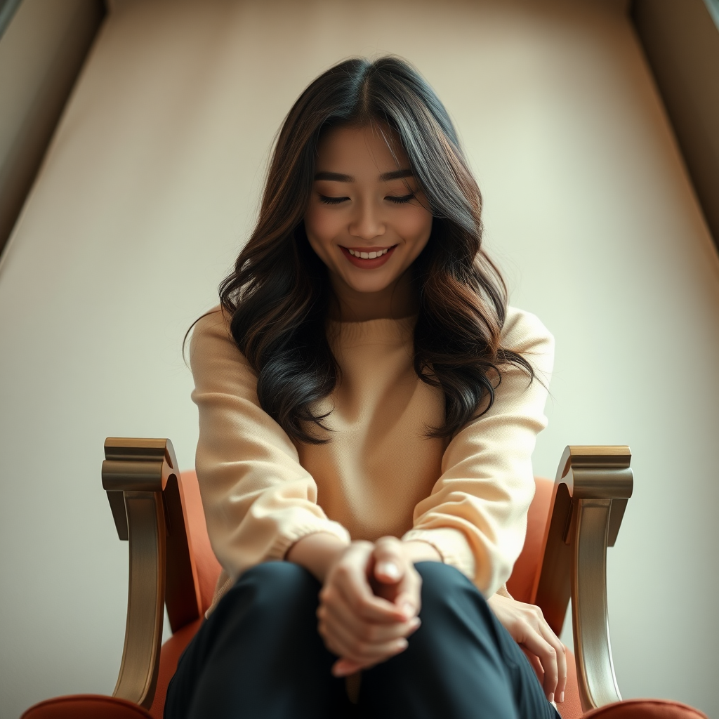 photo low angle full body shot beautiful xiaomeimei looking down. She is sitting on a chair. she is grinning. her arms are on the armrests. there is a coin on the floor in front of her