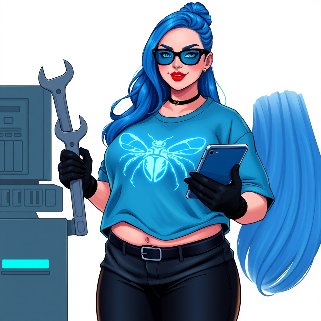 A 28-year-old, full-figured tech genius, she is the devoted girlfriend and sidekick of a cyberpunk vigilante. Her long, maximum blue ponytail and glowing sapphire eyes are striking features. Her prominent, round midsection, gigantic limbs, and broad shoulders define her full figure. As the loyal and supportive sidekick, she plays a crucial role in their missions, using her digital and technological prowess to assist and protect.

She wears an oversized maximum blue t-shirt with a glowing neon blue beetle chest icon, maximum blue lipstick, and black high-tech gloves. Her neon red blush and lovestruck smile are ever-present as she holds a futuristic wrench and a digital holographic tablet. Her full figure (especially her round midsection) shows how pampered she is by her doting boyfriend. She dutifully works in his hideout workshop and supercomputer. Her nerdiness is unmistakable, accentuated by her black oversized eyeglasses. She is on a solid white background. She serves as her boyfriend’s indispensable tech expert. She is drawn as if she was in a retro 2D cyberpunk fighting game. Make sure her oversized t-shirt covers her midsection.