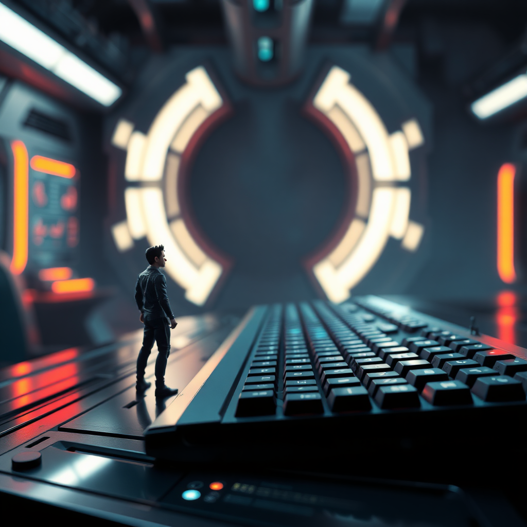 Sci-fi digital art. Tiny man standing on table near a futuristic keyboard that looks huge compared to him. Looking up at the viewer.