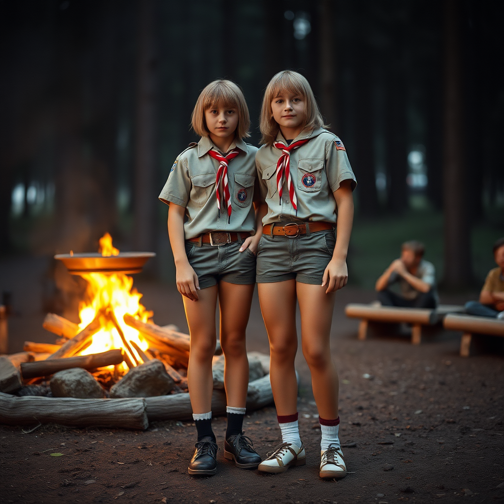 Two tall 14-year-old teen boys, long bob cut, wearing American boy scout uniform with uniform matching very tight booty shorts, tube socks, shoes, long legs, narrow thighs. A campfire. Full-length view. 1980s. Photorealistic, ultra high resolution, 16K. Negative: grainy, blurry, bad anatomy, extra limbs, watermark.