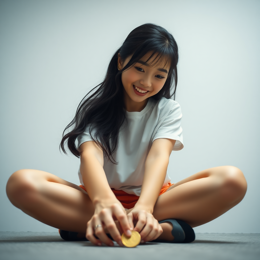 photo low angle full body shot beautiful xiaomeimei looking down. She is sitting legs stretched out. there is a coin on the ground she is reaching for. her expression is delighted surprise