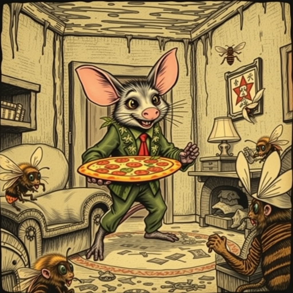 A well dressed handsome rat demon delivering Hawaiian pizza to angry bees in a decayed apartment, Chinese woodcut, Mormon, Catholic