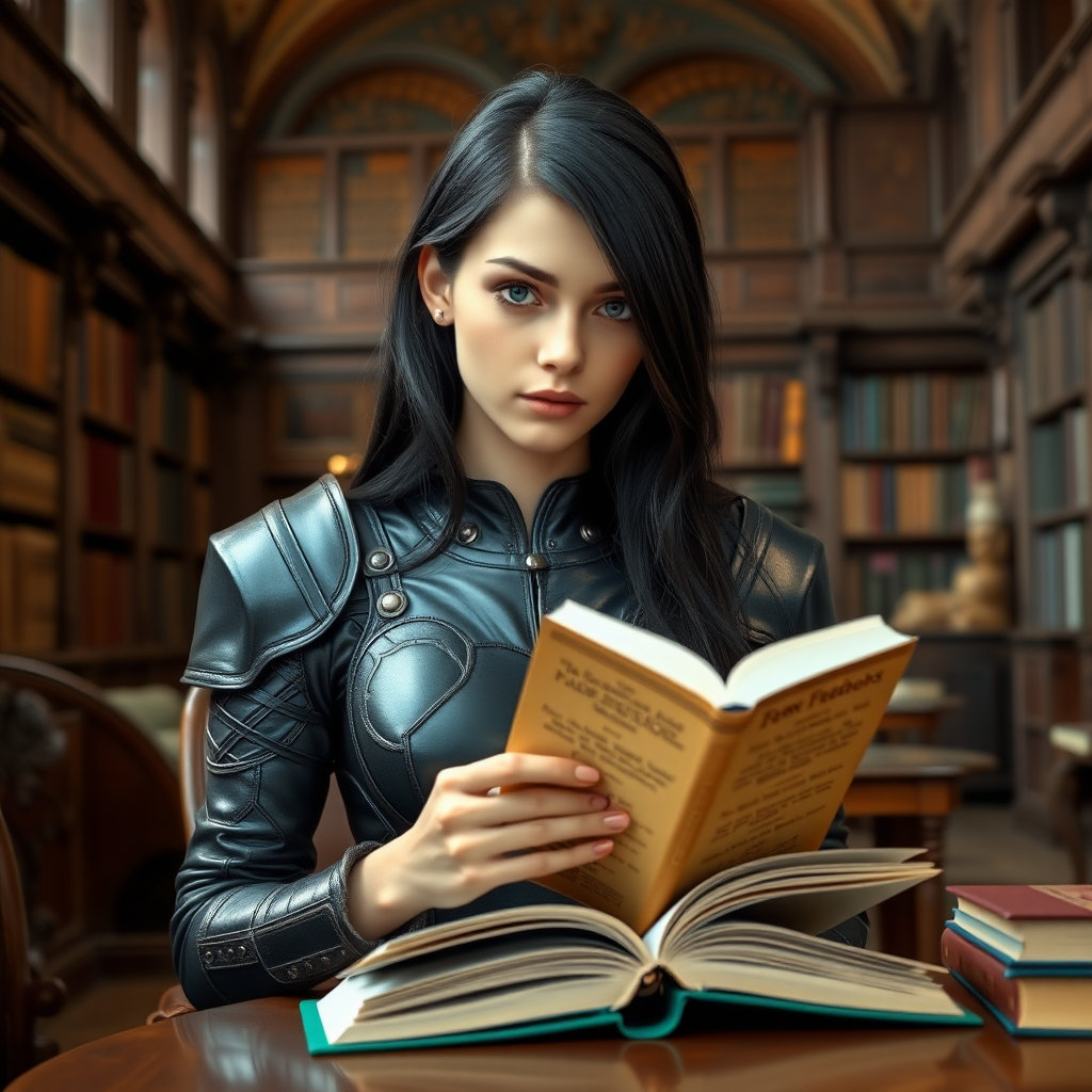 beautiful young woman, dark hair past her shoulders, blue eyes, small, slim figure, wearing full leather armor suit, sitting, reading a book, sandwich on the table, in a grand old library.