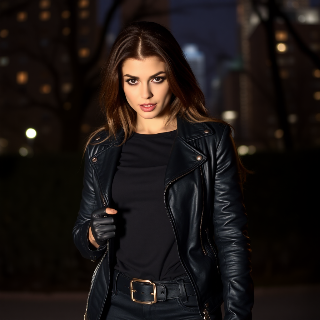 A beautiful brunette badass female burglar in black leather jacket over black t-shirt with black pants and gloves in Manhattan park at night.