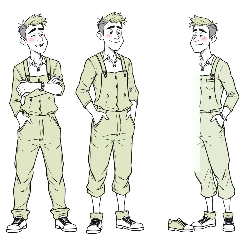 multiple views with progression, character design sheet, blushing shy nervous 20 year old european skinny man, wearing long sleeve green coveralls, is trying to conceal his excitation, detailed features, bulging pants, long establishing shot, 2D, caricature, cartoon, Sketch lines, coloring book, black and white, coloring book style on white background, well composed, clean coloring book page, No dither, no gradient, strong outline, No fill, No solids, vector illustration, side view, vector illustration, empty space around each view