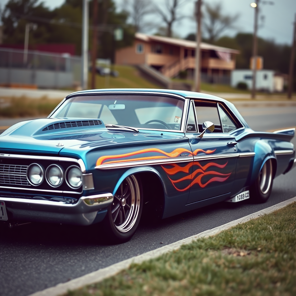 the drag car is parked on the side of the road, inspired by Taiyō Matsumoto, tumblr, restomod, nd4, c4 metallic shine classic american low rider custom paint ford