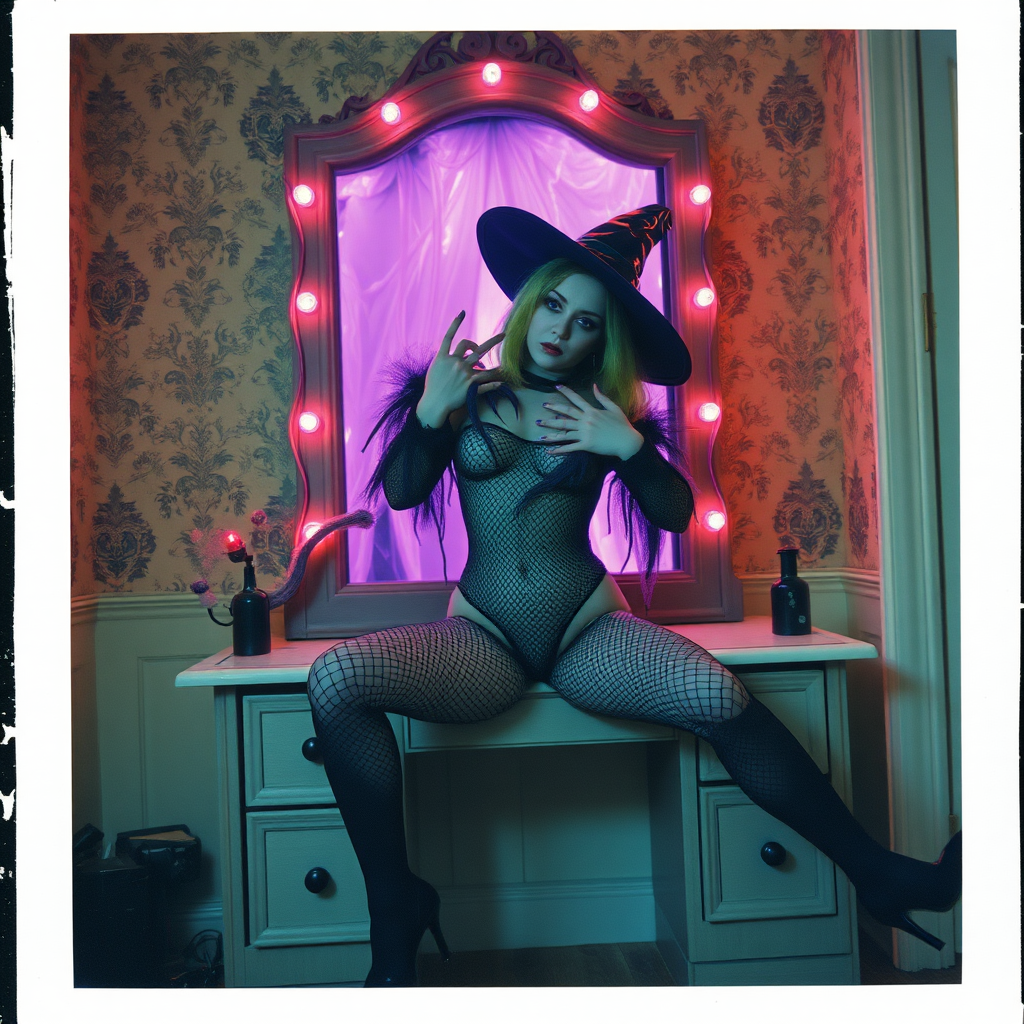 Scan of an nsfw old polaroid photograph with visible wear and heavy vignetting and blue color tint and light leaks, depicting a sexy pale curvy alt goth girl with green hair wearing skimpy fishnet black bodysuit and gstring revealing her nipples and wearing black stockings and high heels, sitting on a builtin vanity with mirror in old house with wallpaper on walls with her knees spread apart. Camera flash used. Dark lighting. Moody and hazy. Grunge look. Erotic. Nude. Pink Christmas Lights on wall. She is wearing a witch hat and is being restrained by giant glowing translucent slimy jello like purple vines dripping goo coming from inside glowing purple portal in the mirror, wrapping tightly around her arms and legs and torso. The vines are pulling her back towards the mirror.