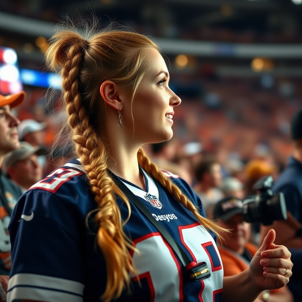 Female NFL fan, hot, pigtail hair, jersey, cheering, inside the crowd, looking at a TV camera