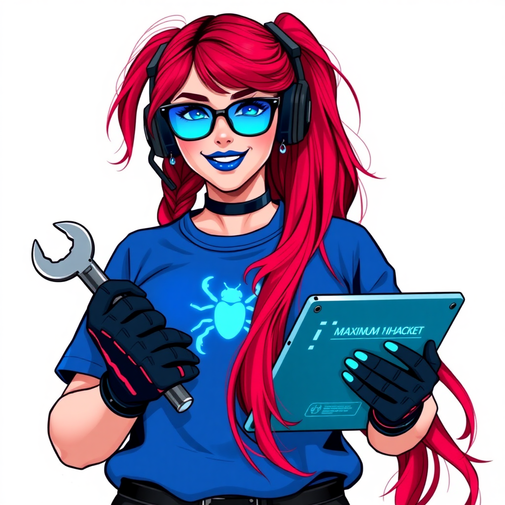 An intelligent and tech-savvy 29-year-old computer hacker and tech genius. She has a long ruby red ponytail. She wears maximum blue lipstick, blue eyes, a sapphire beetle gemstone necklace, sapphire earrings, black eyeglasses, hi-tech power gloves, and an oversized maximum blue t-shirt featuring a neon blue glowing beetle chest icon. She has a gargantuan full-figured physique with a prominent round gargantuan midsection, reflecting her well-cared-for lifestyle. She sports a sapphire headset with a hi-tech maximum turquoise lensed HUD, and a beaming smile accentuated by a passionate neon red blush. She serves as his tech expert from his hideout, holding a futuristic tool wrench and a futuristic digital tablet. The background is solid white. She is drawn as if she was in a retro 2D cyberpunk fighting game.