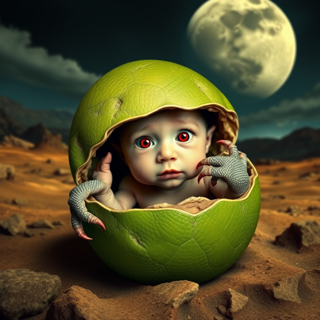 Create a photorealistic mixed picture in Salvador Dali style. With a fresh newborn human baby hatching from what looks like a green reptile egg. The baby looks straight into the camera. The baby has very red pupils. The baby has reptile hands with claws. Scene: moon landscape.