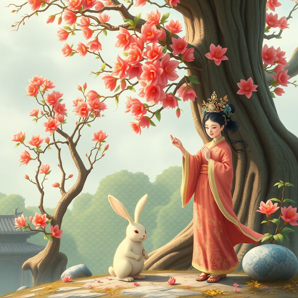 There are tall osmanthus trees, a talking jade rabbit, and Sister Chang'e dancing in beautiful clothes.