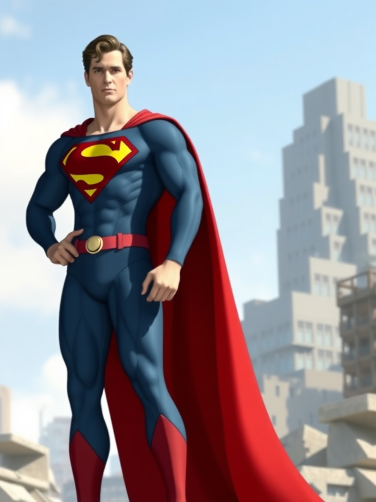 Generate a full-length image of Superman with the body type of Juliet Starling, keeping his head intact. Modify the silhouette to reflect the change. Pose him dynamically. Make the background an appropriate setting for both characters.