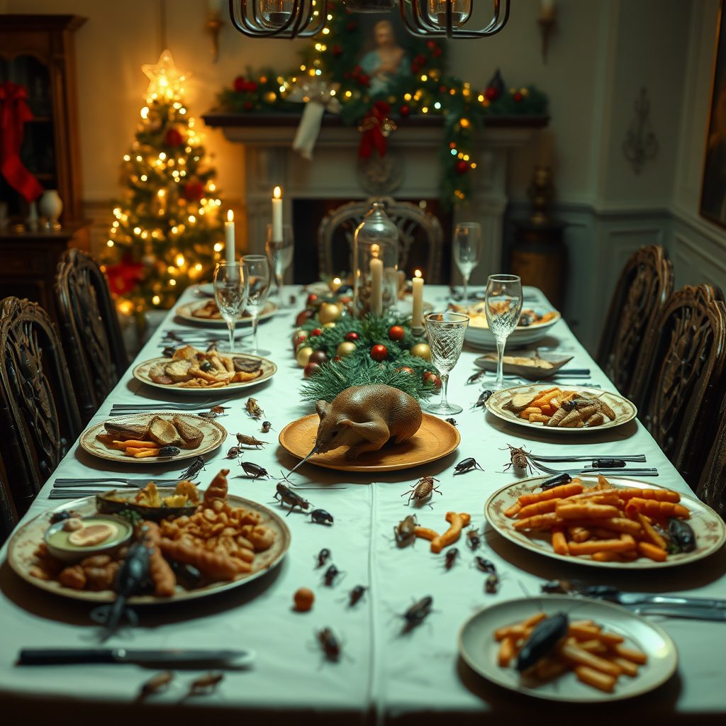 A scene of a dinner table, it's Christmas and the table is full of festive food, but all the food is insect-based, every bit of food is an insect, there is no normal food, just insects, and where the Turkey would be, it's a roasted rat.