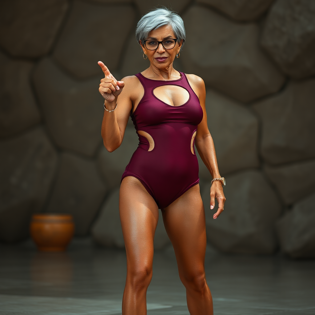 a towering 55 Years old, fit, slim, European, Latina, sharp aquiline nose, wrinkles, high cheekbones, Middle Eastern, Skinny, Tanned skin, Dark light skin, Rounded Medium breasts, Skinny thighs, full Makeup, jewelry, Serious face, Sharp nose, Ash hair, short bowl haircut, Brown eye color, Glasses, with detailed features. she is wearing a tight burgundy high cut cut out wet swimsuit, detailed fabric. full body, high heels sandals, she is finger gesturing at the viewer to approach closer, sweating, long establishing shot,