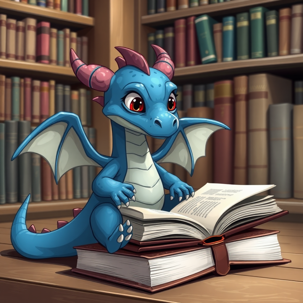 A realistic bored blue small dragon with two legs, two arms, black eyes with red pupils and wings in a library reading from a large book that is sitting on the ground beside him.