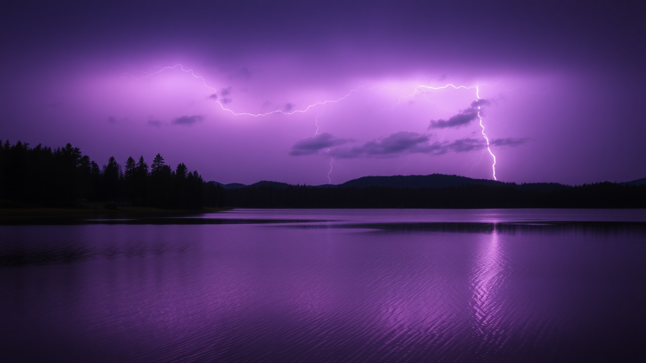 photo, lakes, nature, purple sky, lightning