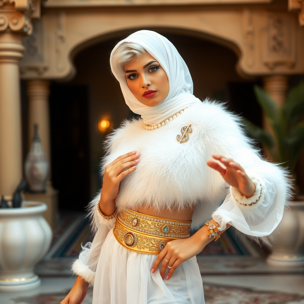 Kuwait desert palace harem patio misty dawn: Melissa, European 17 years old very convincing femboy “trophy-bimbo”, tamed servile docile, very beautiful feminine flawless face, rather short, by hormones very curvaceous womanly figured, platinum blond short tight curls, heavily made-up eyes, wearing Supertanya-style fluffy very fuzzy bright white angora turtleneck-poncho cropped ending under bust decorated with pearls and gemstones, striking oriental wide gold bridal protection belt, white fully transparent harem pants, full Oriental bridal jewelry, face covered by white sheer full Burka, coin anklets, striking diamond “$$$” letter brooch on left chest, pout frustrated, seductively dancing for the sheik, looking at camera. Focus on face and turtleneck-poncho.