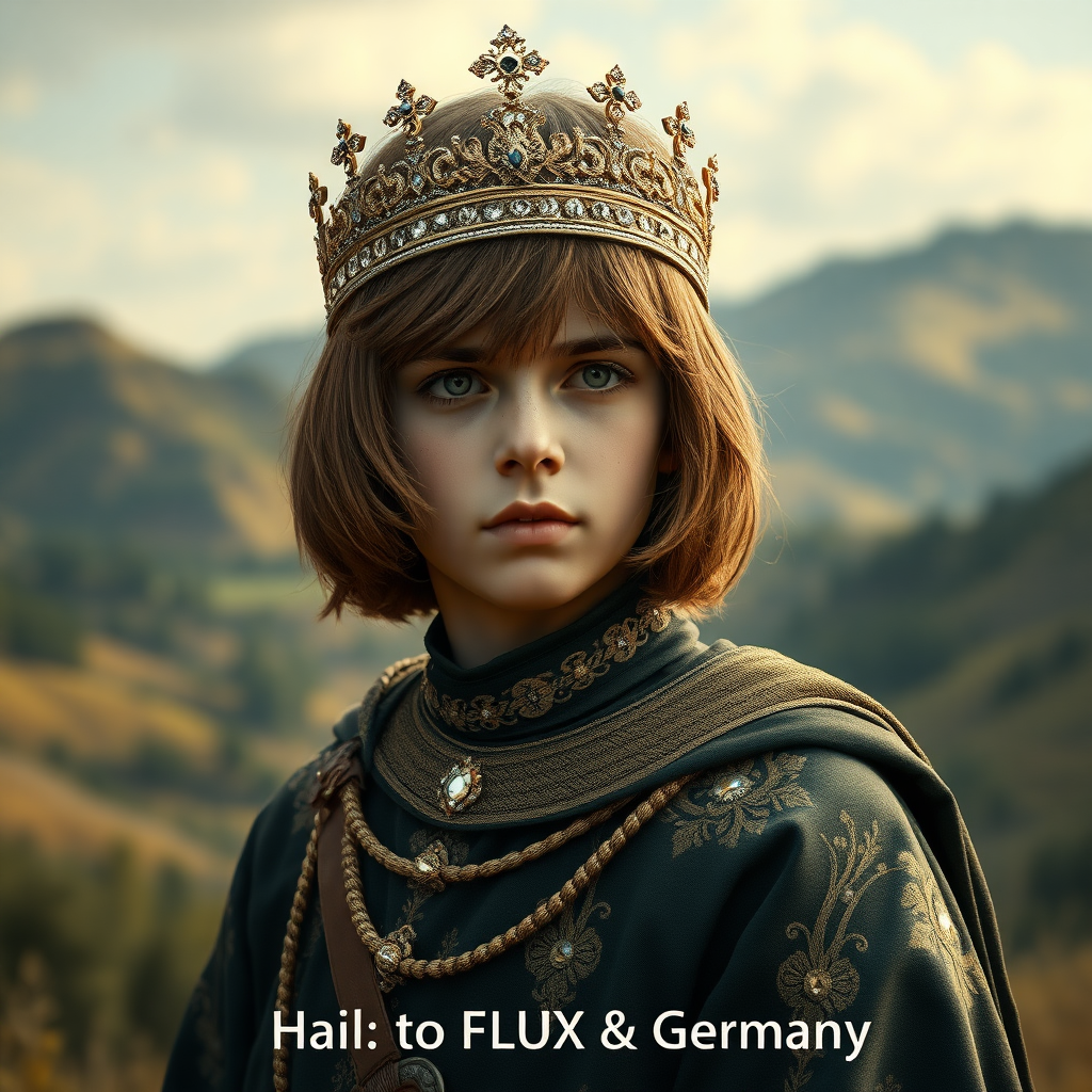 16yo teen boy prince, long bob cut, embroidered with gold and diamonds medieval cloths, diamond diadem, and Beautiful War. Free style by FLUX photorealistic. The background is in the style of landscape style by Antonio del Polaiolo, Generating the mini-caption at the bottom: Hail to FLUX & Germany!, ultra high resolution, 16K.