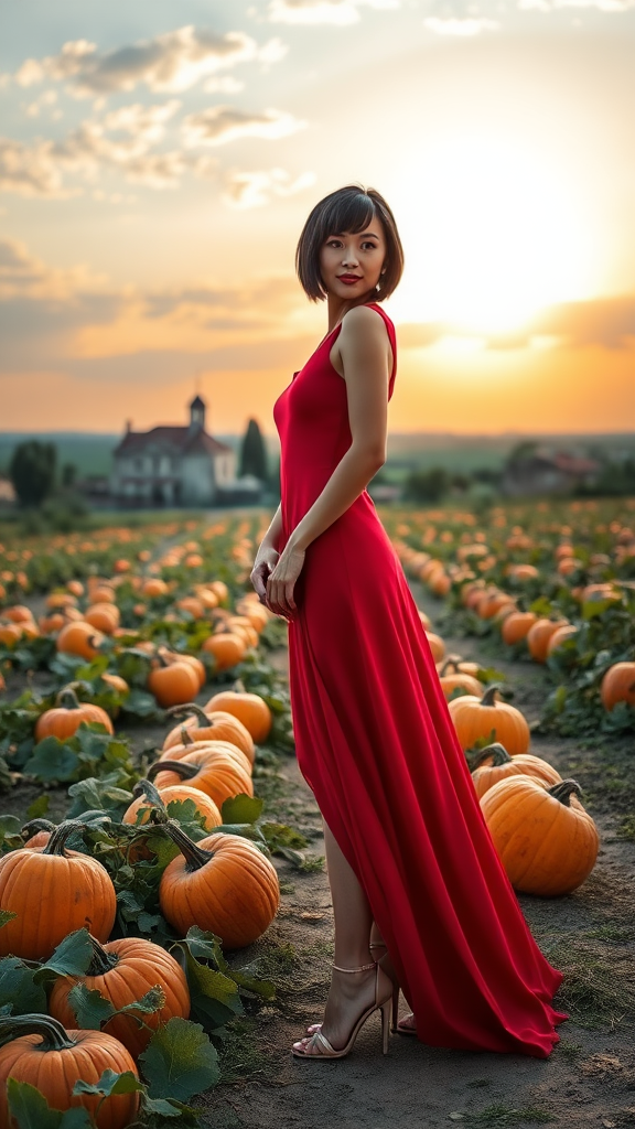 On the left, a beautiful model wearing a long red dress, short layered black hair, with 12cm high heels, in the background a field of large orange pumpkins, in the background a Venetian village with a farmhouse and a small church, sky at sunset with the sun and white clouds.