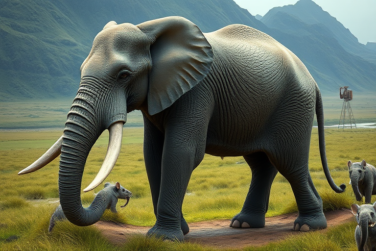 Create a full-length photorealistic image featuring an elephant that has the musculature and silhouette of a mouse. The elephant's head remains intact, complete with detailed facial features. Its skin retains the texture of an elephant while incorporating soft fur reminiscent of a mouse. The background blends elements inspired by both animals, showcasing a unique habitat, combining verdant grasslands and open spaces with hints of a cozy, burrow-like environment.