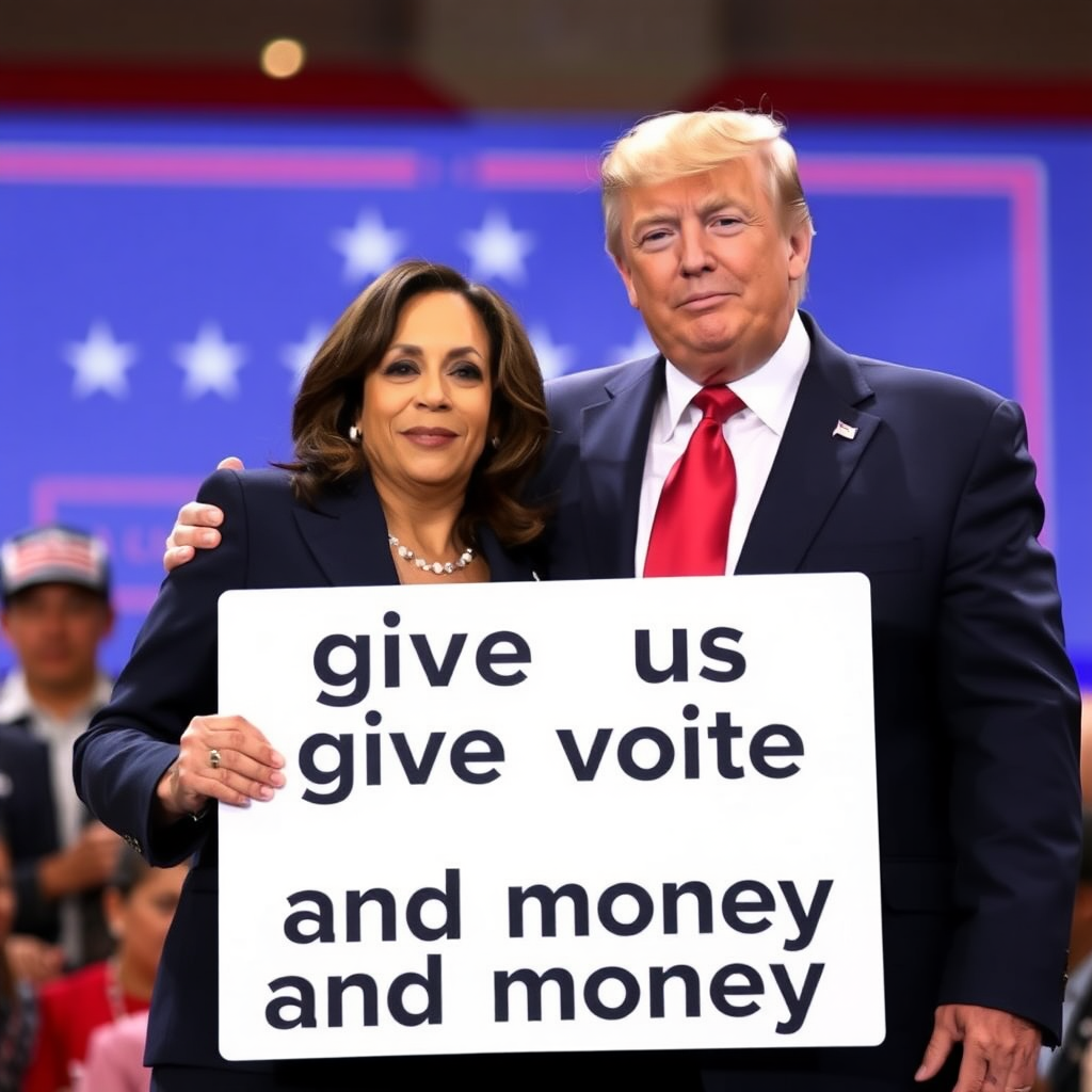 Kamala Harris and Donald Trump together holding a sign with text "give us your vote and money"