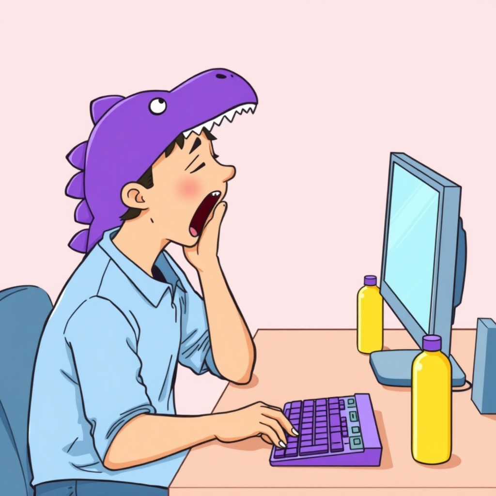 A high-quality illustration of a person sitting at a desk in front of a computer, yawning, with a purple dinosaur-themed cap and light blue shirt. The desk has a computer screen, a keyboard with purple keys, and a yellow bottle beside it. The view is the same as the original image with a light pink background and similar details, but the person now has a dinosaur cap instead of the original one.