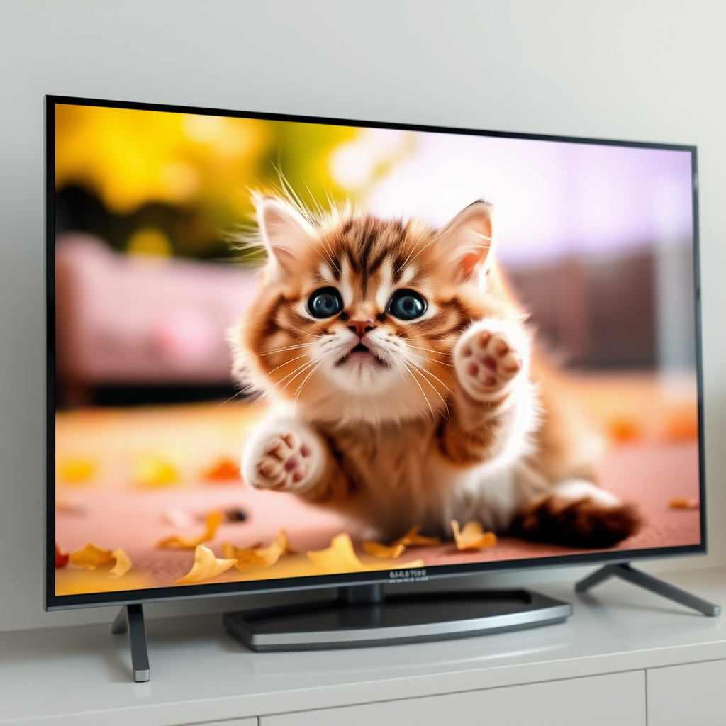 A chubby little cat is playing in the image being displayed on the large LCD TV screen, so cute!