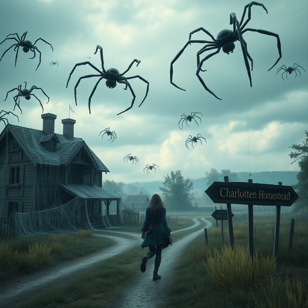 A wide distance shot of a female thief in a pastoral fantasy town. House swarming with giant spiders, and covered in cobwebs. She is fleeing from someone. Road sign with "Charlotten Homestead."