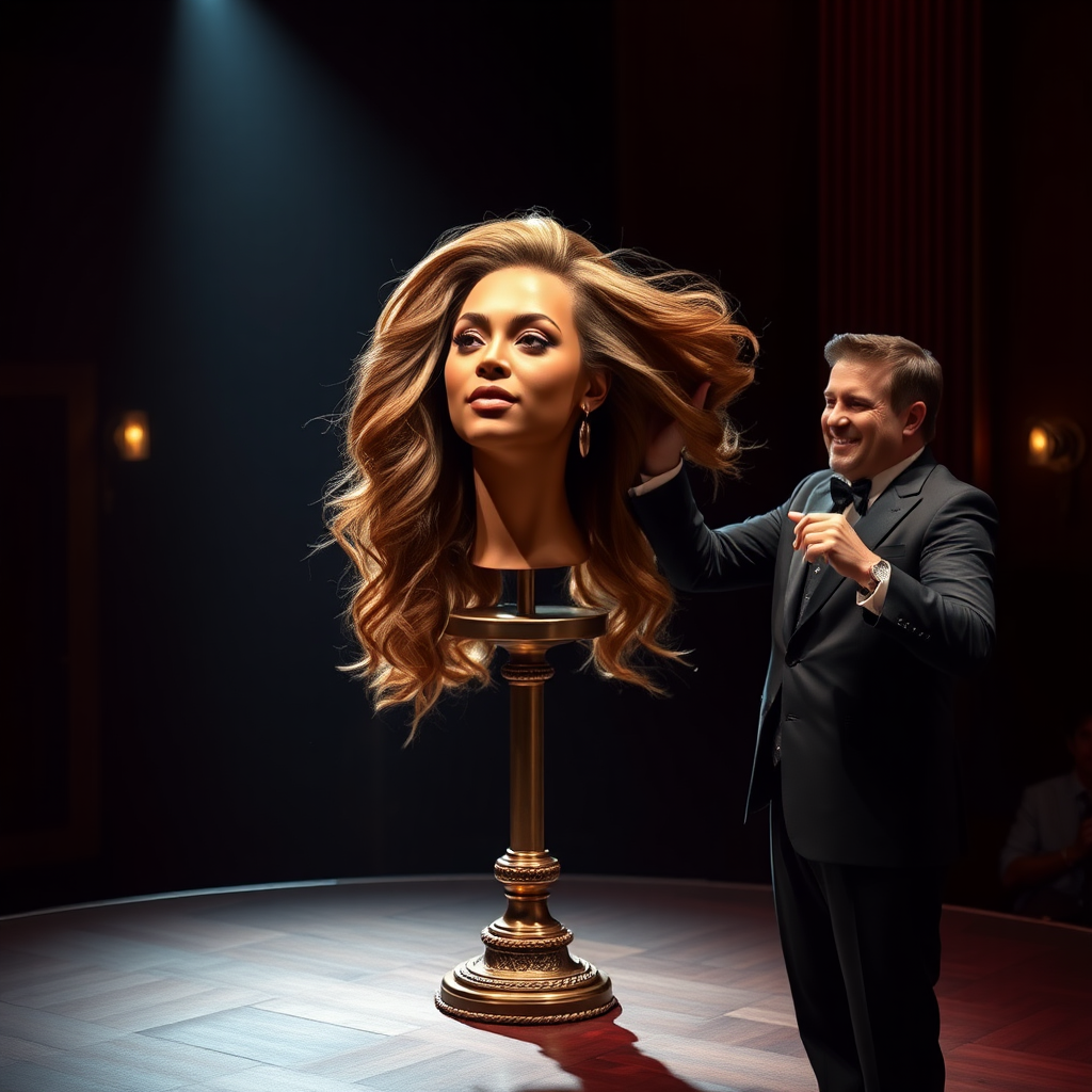 In a dimly lit theater, the atmosphere crackles with anticipation, the audience's murmurs a blend of curiosity and skepticism. On a grand, elegantly adorned display stand sits the disembodied head of the enchanting Beyoncé, her radiant skin glistening under the soft, warm glow of the spotlight. Her striking features are perfectly framed by cascading locks of lustrous, very long hair that shimmer with hues of light brown and hints of rich mahogany, reminiscent of polished silk.

Standing beside her is the magician, a charismatic figure in a sharp, tailored suit that glints with sequins in the light. With theatrical flair, he holds her voluminous hair aloft, fingers splayed wide, deftly spreading it out like a shimmering waterfall, mesmerising the audience. The hair flows like liquid night, each strand capturing the light as it falls gracefully to the ground, creating a stunning, almost surreal contrast against the stark wooden stage.

The magician’s face is lit with a confident smile, his eyes sparkling with the thrill of the performance, as he engages the audience with playful banter. Their gasps and laughter echo throughout the room, a symphony of wonder and disbelief. The scent of polished wood and fresh popcorn wafts through the air, mingling with the underlying electricity of the moment. Time seems to stand still as the audience leans in, captivated by the spectacle, a seamless blend of illusion and artistry that promises to defy reason and ignite imagination.