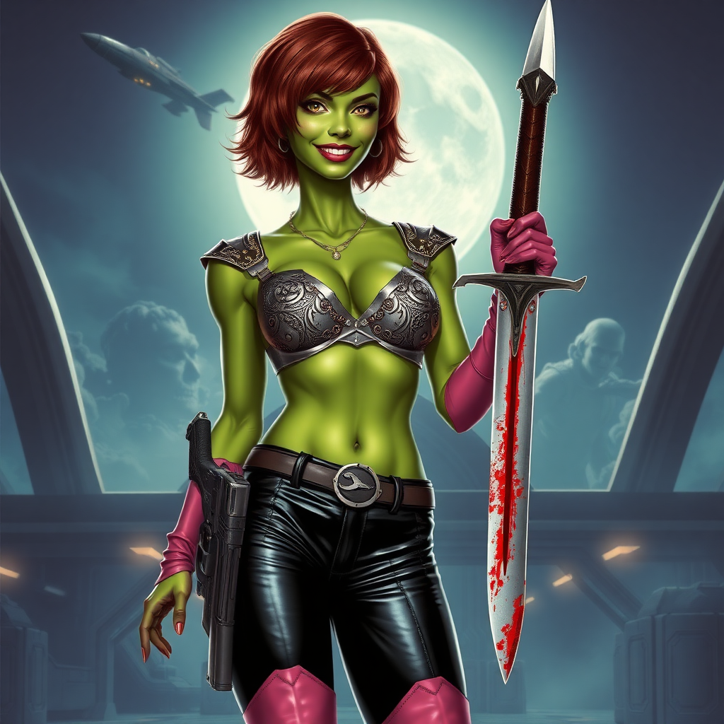 Tall, beautiful green skinned woman. Her brown hair is in a shag-cut style. Her eyes are gold. She is dressed in an ornate metal bra. She is wearing black leather pants, with pink knee high boots. She is holding a large, bloody dagger in a threatening manner. She is smiling. A sci-fi looking gun is holstered at her hip. She is at a sci-fi space-port. A spaceship is seen in the sky, a moon behind it.