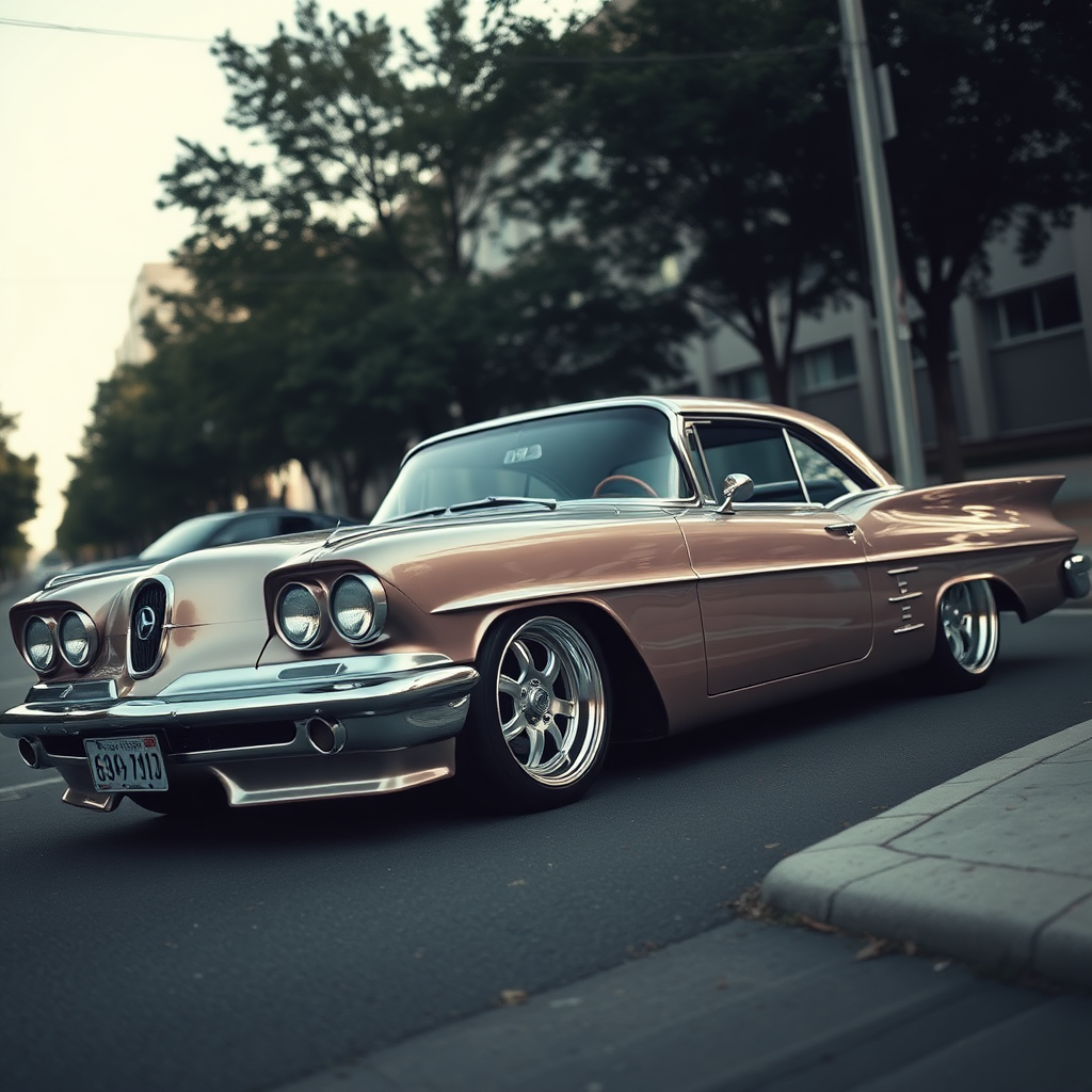 metallic shine classic car is parked on the side of the road, inspired by Taiyō Matsumoto, tumblr, restomod, nd4, c4 metallic shine classic american low rider muscle car