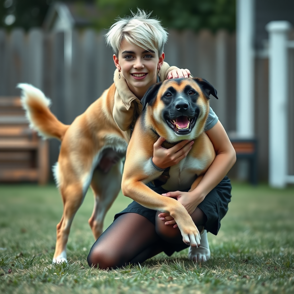 photorealistic, ultra high resolution, 16K, surreal fantasy, studio lighting, a pretty 16 year old goth male, slim male physique, short blonde hair, goth makeup, earrings, pantyhose, white ballet shoes, playing with his large dog in the yard - he is kneeling forward, while the dog stands up behind him and rests its paws on the boys shoulders, excited smile, facing the camera.