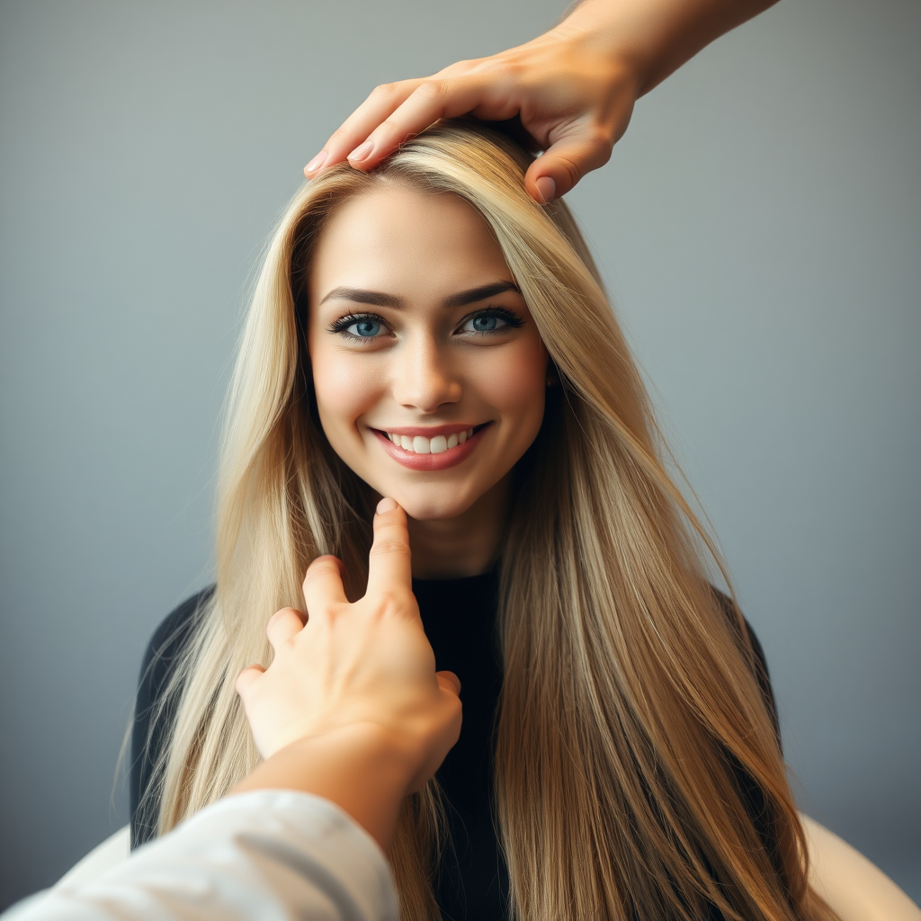 POV, beautiful very long haired blonde woman sitting in a hair salon smiling at the camera while I reach out from behind the camera to massage her scalp. My fingers are digging into her hair rubbing her scalp while her hair is covering my hands.  
Plain gray background.