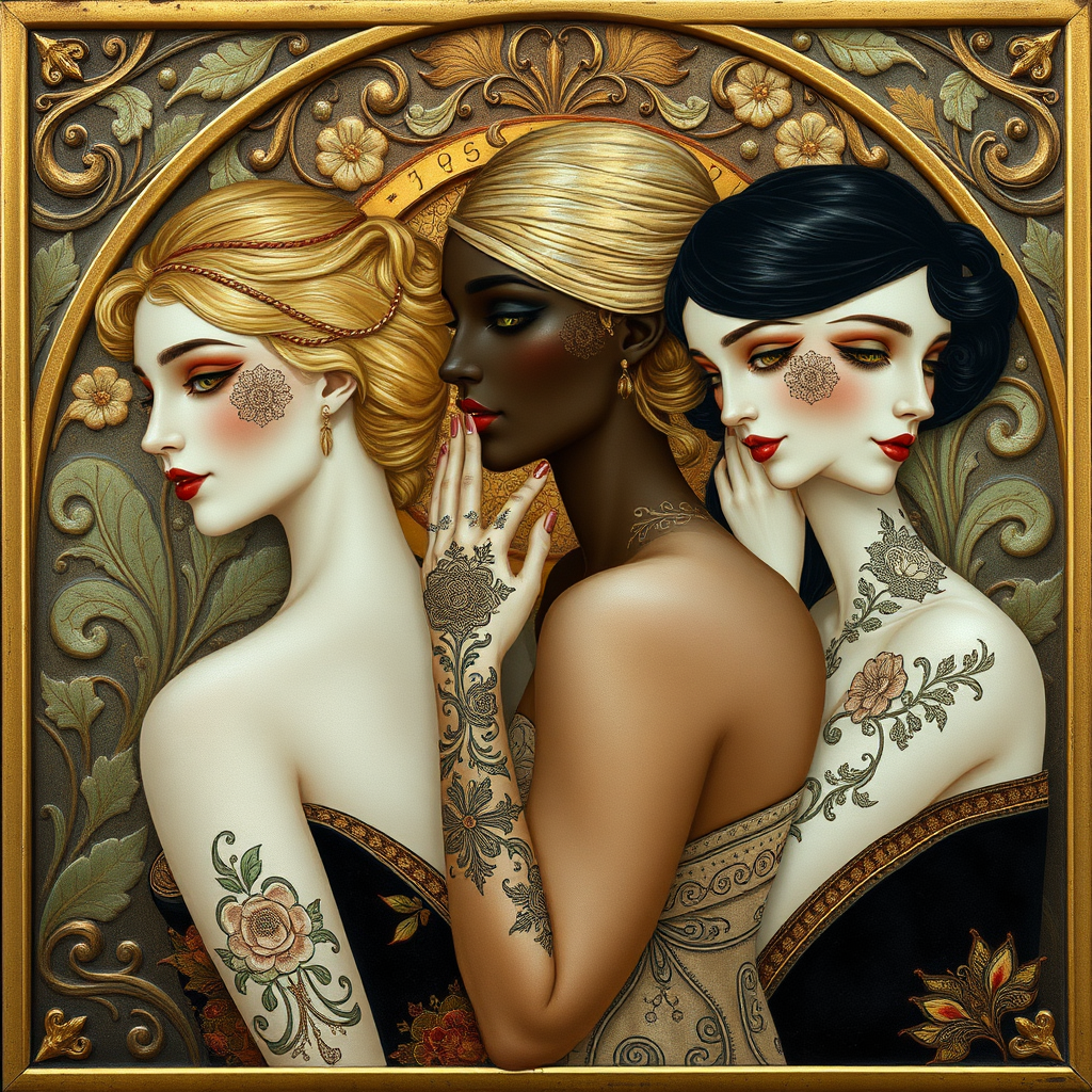 Prompt by picture with: In the Max Klimt style. 3 women (one of them has blond hair and two have black hair) with henna tattoos and very white skin stand in front of a kind of Art Nouveau relief. The picture has an old gold thin surround.