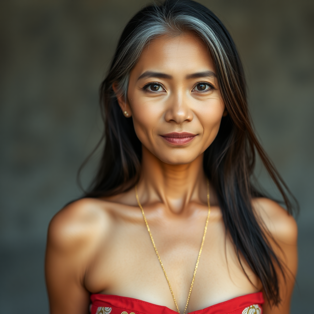 A absolutely realistic 50 Year young Thai Women with uncolored long straight Hair and a fine Gold chain.