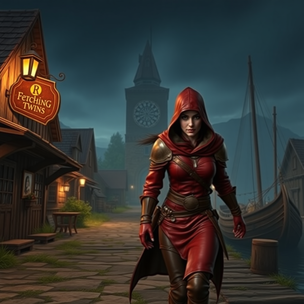 A wide distance shot of a female thief in a pastoral fantasy town. mage tower in the background. she is fleeing from someone. bar called "The Fetching Twins" sign (consisting of a silhouette of two women leaning together for a kiss). Village of Dryden, dock with a run down ship. she is wearing red leather armor with a hood, sword belt. it is night, lit by lanterns.