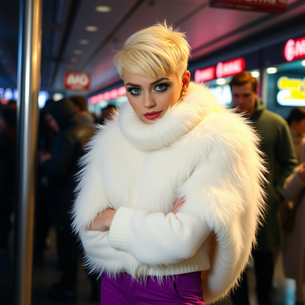 1990 winter evening, crowded cinema lobby: Sam, 19 years old beautiful involuntary femboy, rebellious intractable character, petite boyish figure, platinum blond boyish rebel punk hairstyle, flawless heavily made-up face with sharp arched tattooed eyebrows, wearing Supertanya-style fluffy very fuzzy bright white angora thigh-length turtleneck-poncho fully covering body and arms, purple stretch pants, black leather high-heeled pumps, gold earrings, puzzled alarmed, pout serious, impatiently waiting for her master. Full view, focus on Sam’s face and turtleneck-poncho.