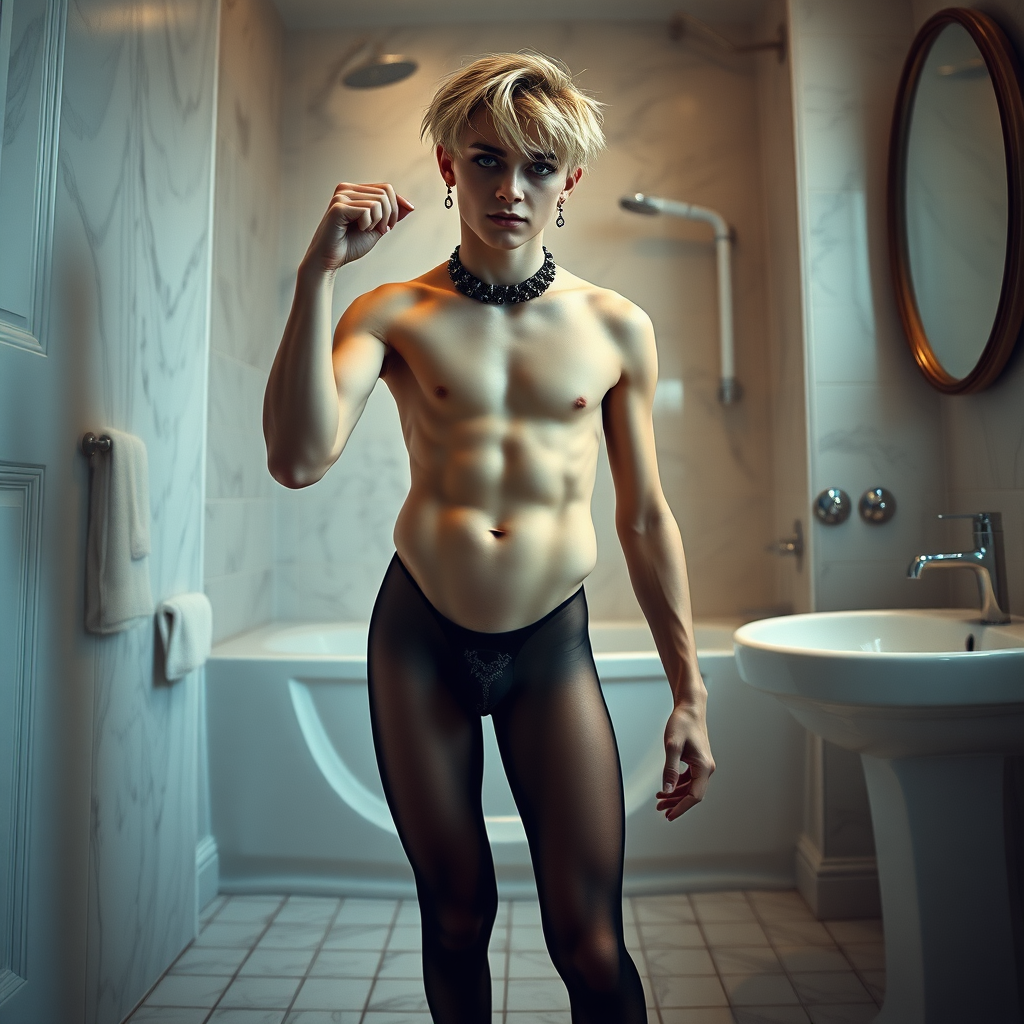 photorealistic, ultra high resolution, 16K, surreal fantasy, soft studio lighting, Caleb Swift is a pretty 16 year old goth male , slim male physique, blonde hair, blue eyes,  goth makeup,  earrings,  sheer black pantyhose, spikey neck collar with chain,  standing on the floor of the bathroom  striking as pose as Michelangelo's "David" sculpture , excite mouth, bulging manhood, full body front view f with Caleb facing the camera.