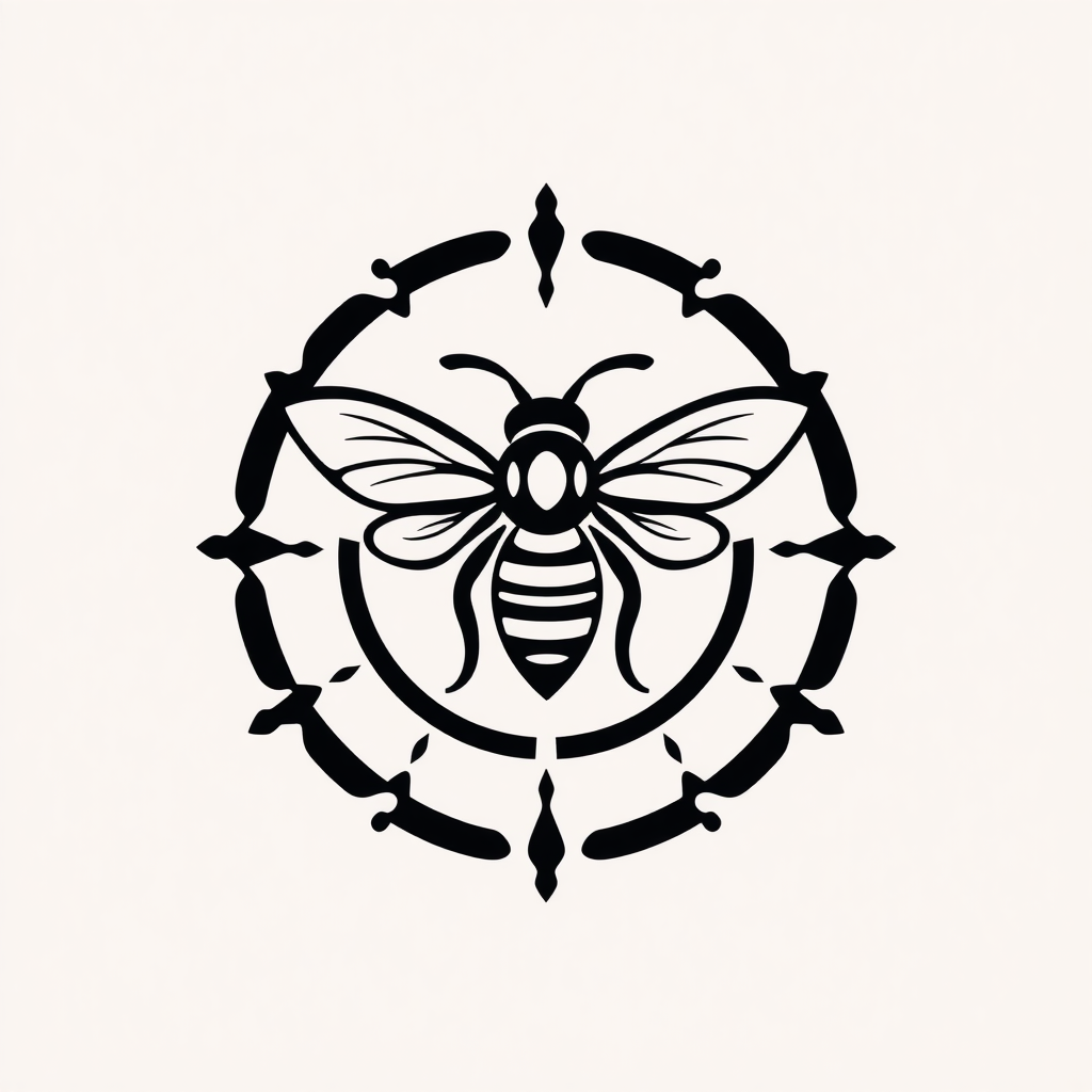 Create a minimalist, monochromatic circular logo design of a bee in the style of Sak Yant tattoo art.