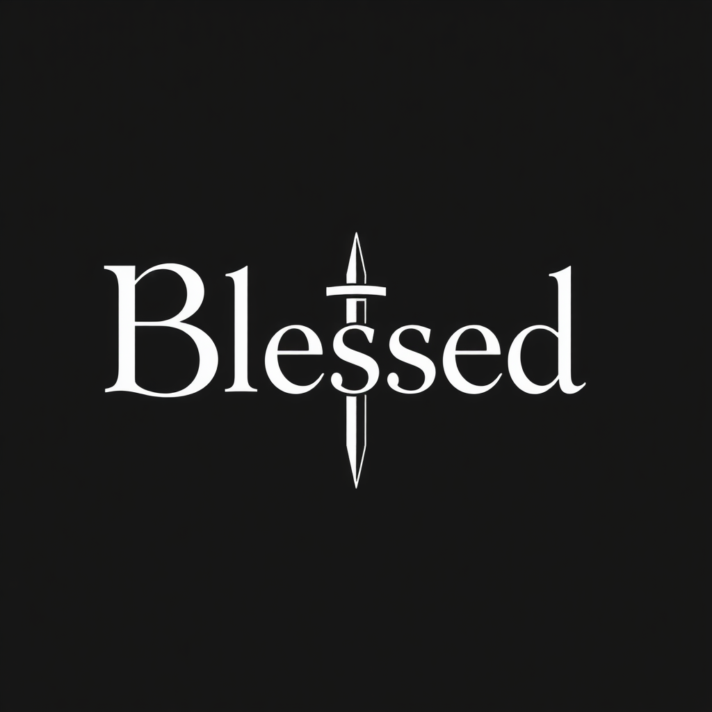 "Blessed" with a sharp fort on a black background and with font.