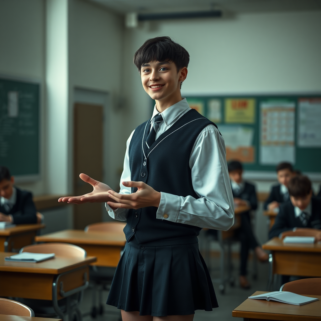 photorealistic, ultra high resolution, 16K, surreal fantasy, soft studio lighting, a pretty 17 year old goth male, slim male physique, short dark hair, blue eyes, goth makeup, earrings, sheer pantyhose, UK girls-school uniform, Mary-Jane shoes, standing in the classroom delivering a talk, excited smile, facing the camera.