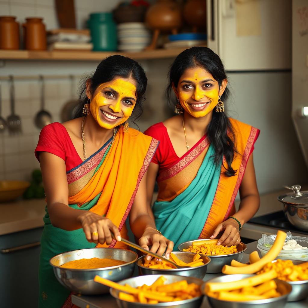 2 skinny, happy, 30 year old, Indian maids. They are preparing food in the kitchen. Their face is covered with a turmeric face mask.