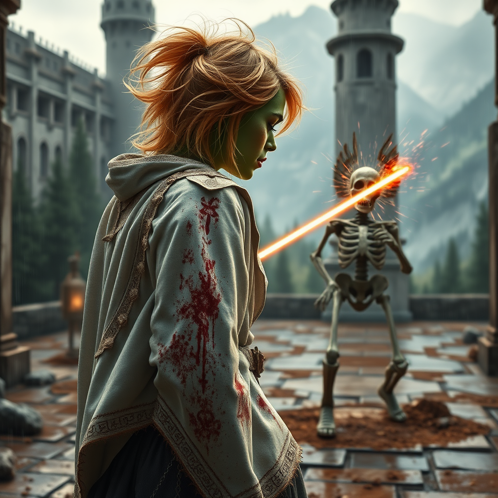 A full body shot of a pretty twenty-something female orc wizard with a face resembling Ana de Armas. Green skin. Facing towards a skeleton warrior that is running toward her, she casts a laser spell at it, striking it in the head. Strawberry blonde messy shoulder-length hair tussled by wind. White robes covered in runes, magic aura swirling around her visibly, magic staff with a gem. It is dawn. She is bleeding and covered in soot and dirt. Inside a castle courtyard. Forest and mountains, rain. Hyper-realistic, photorealistic digital matte painting, soft focus, film grain, lens flare. Gritty, dirty, scuffed.