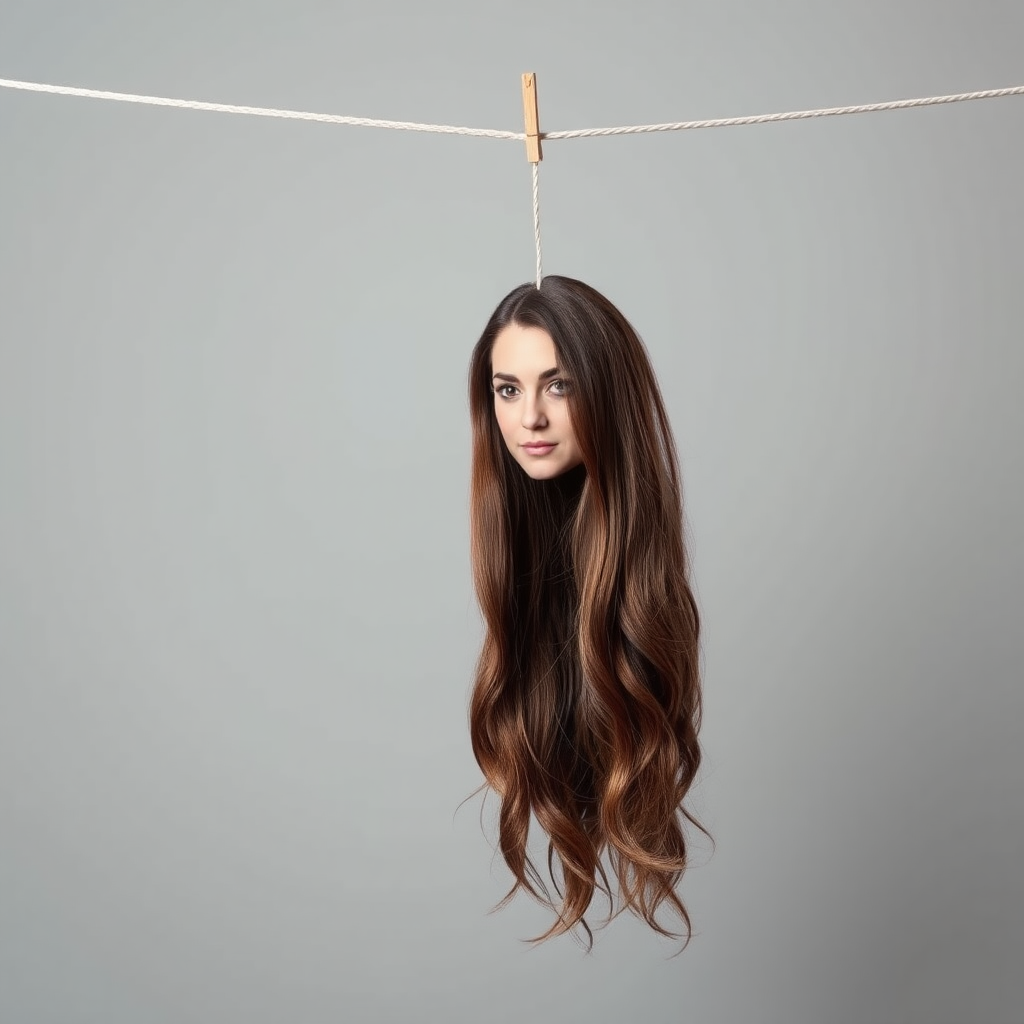 A surreal image of the beautiful very long haired Kate Middleton's disembodied head hanging by her long hair from a clothesline. Plain gray background.