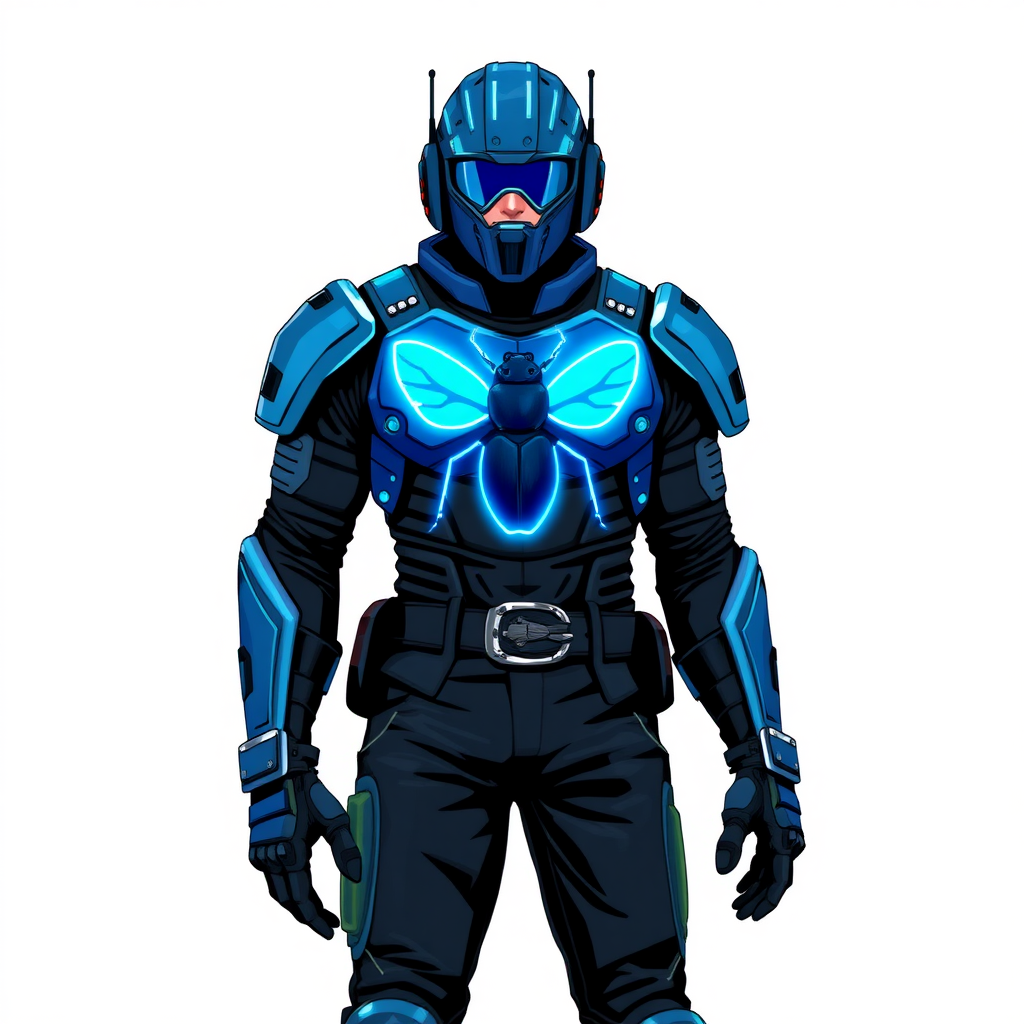 A 28-year-old cyberpunk vigilante stands heroically, clad in high-tech, maximum blue body armor featuring a neon blue glowing beetle on the chest. They wear black biker pants, a black belt with a sapphire beetle buckle, and a head covering helmet resembling a sleek, tactical design, but colored maximum blue with neon blue glowing lenses. Their hands are protected by black metal gloves, all set against a solid white background. He is drawn as if he was in a retro 2D cyberpunk fighting game.